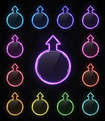 Wall Mural - glowing colorful neon arrow signs set isolated on transparent background. shining glowing neon effec