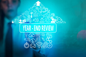 Poster - Writing note showing Year end Review. Business concept for annual assessment of achievement and goal development