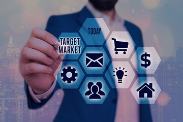 Poster - Conceptual hand writing showing Target Market. Concept meaning specific costumers to whom a company aims its marketing