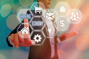 Poster - Word writing text Sharing Economy. Business photo showcasing a system where assets are shared privately between individuals