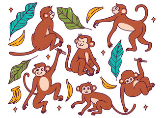 Wall Mural - Set of Monkey in Different Poses Doodle