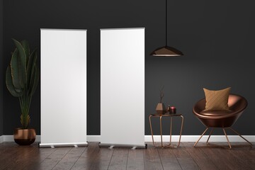 Wall Mural - roll up banner stand mockup in living room. 3d rendering.