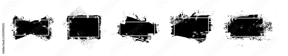 Collection ob black paint with frame. Dirty artistic design elements, boxes, frames for text. Ink brush strokes, brushes, lines. Messy decoration boxes elements with frame for text. Vector set - obrazy, fototapety, plakaty 