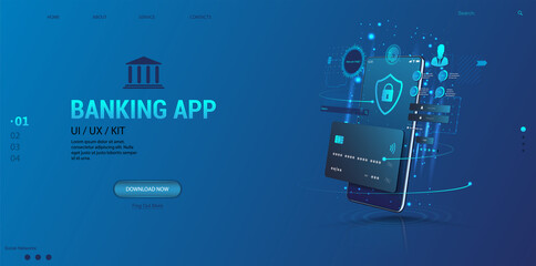 Aufkleber - Internet banking app. Mobile phone payment with NFC technology and High level payment security. Wireless cash transaction technology and money storage. Wallet with cards UI App and E-payment. Vector
