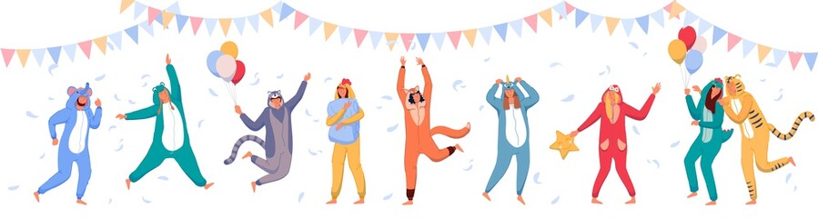 Wall Mural - Pajama party. Happy people wearing animal costume onesies, celebrating holiday. Young men, women cartoon characters in kigurumi having fun at pajama party with garland, balloons and flying feathers