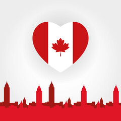 Sticker - Canadian flag heart with city building silhouette of happy canada day vector design