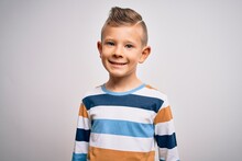 Young Little Caucasian Kid With Blue Eyes Standing Wearing Striped Shirt Over Isolated Background With A Happy And Cool Smile On Face. Lucky Person.