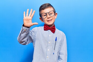 Poster - Cute blond kid wearing nerd bow tie and glasses showing and pointing up with fingers number five while smiling confident and happy.