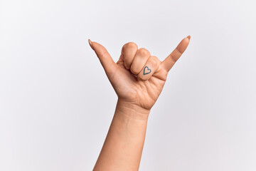 Hand of caucasian young woman gesturing Hawaiian shaka greeting gesture, telephone and communication symbol