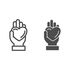 Poster - Hand giving heart line and solid icon, LGBT love concept, LGBT give heart sign on white background, love symbol on palm icon in outline style for mobile concept and web design. Vector graphics.