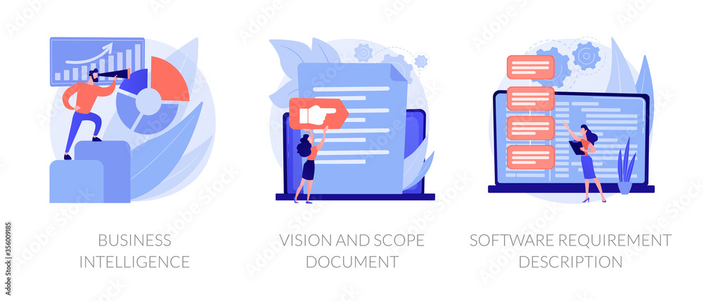 Company activity stats automation. Paperwork optimization. Business intelligence, vision and scope document, software requirement description metaphors. Vector isolated concept metaphor illustrations - obrazy, fototapety, plakaty 