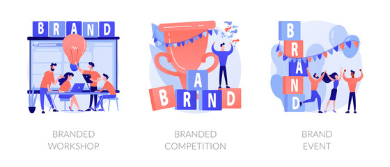 Sticker - Marketing strategies for company promotion. Marketplace leadership achievement. Branded workshop, branded competition, brand event metaphors. Vector isolated concept metaphor illustrations