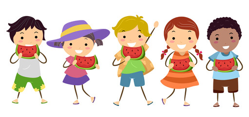 Sticker - Stickman Kids Eating Watermelon Day Illustration