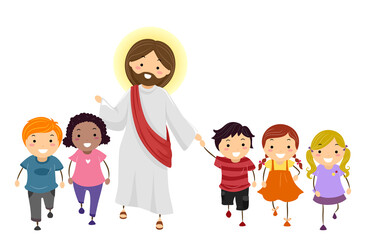 Wall Mural - Stickman Kids Walk With Jesus Illustration