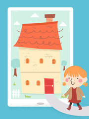 Wall Mural - Kid Girl Walk Home Tablet App Illustration