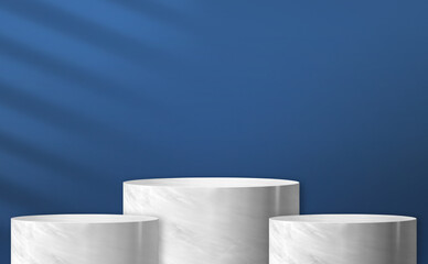 Fototapete - Glossy marble cylinder stand product display two step with blue color background with light from window for display of product design,Banner for advertise product,3d rendering
