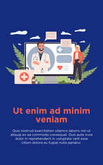 Poster - Patient talking to doctor through video call. Woman, monitor, computer flat illustration. App, consultation, healthcare concept for banner, website design or landing web page