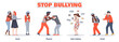 Illustrations of 4 types of bullying: verbal, social, physical, and cyberbullying. A set of conflict situations and fights, abuse and personal violence, bullying between teenagers and young people