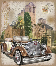 Vintage Poster With Retro Car On Antique Building Background.