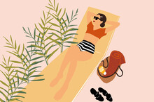 Vector Illustration Of A Beautiful Woman Sunbathing On A Blanket. Concept Of A Summer Vacation And Suntan