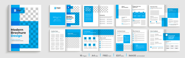 Blue elegant brochure template layout design, minimalist business profile, 16 pages brochure design, multipages template with shape.