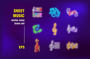 Aufkleber - Sheet music in neon signs set. Note, playing, treble clef and violin. Vector illustrations for bright banners. Sound and entertainment concept