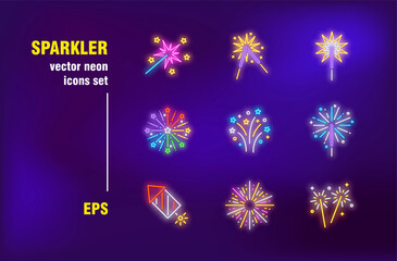 Wall Mural - Sparkler set in neon style. Firework, lightning and star. Vector illustrations for bright billboards. Holiday and entertainment concept