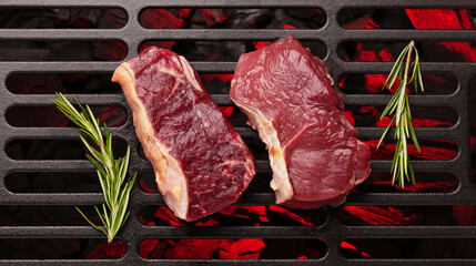 Wall Mural - Beef steaks cooking on grill