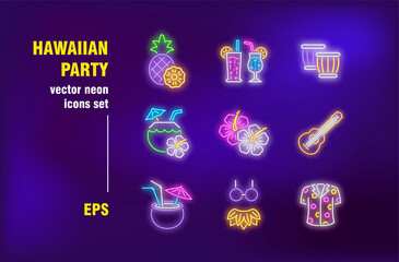Aufkleber - Hawaiian party set in neon style. Fruit, beverage and ukulele. Vector illustrations for bright banners. Celebration and entertainment concept