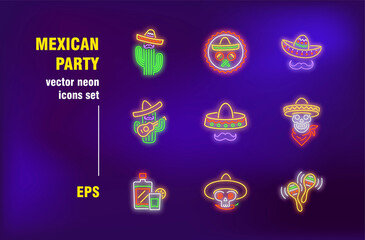 Wall Mural - Mexican party neon signs collection. Cactus, tequila, chili and tequila. Vector illustrations for bright billboards. Celebration and entertainment concept