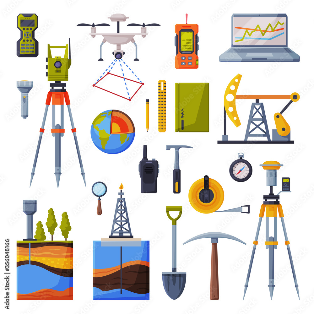 Geodesy Equipment Collection, Geodetic Engineering Instruments and Devices Flat Style Vector Illustration on White Background - obrazy, fototapety, plakaty 