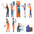 © topvectors - Male Construction Workers Doing Renovation at Home with Professional Equipment Set, Man Painting Walls, Gluing Wallpaper, Drilling Wall, Installing Heating and New Furniture Vector Illustration