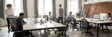 Group Of Multi Ethnic Corporate Employees Working In Co-working Open Space Walking In Motion, Sit At Shared Desks. Busy Workday, Office Rush Concept. Horizontal Photo Banner For Website Header Design