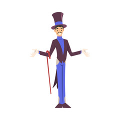 Sticker - Magician Standing with Cane, Illusionist Character in Tailcoat and Top Hat Performing at Magic Show Cartoon Style Vector Illustration