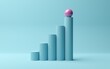 Pink sphere on rising bar graph of cylinders on blue background, abstract modern minimal success, growth, progress or achievement concept