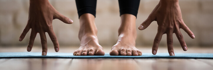 horizontal photo banner for website header design sportive woman performing forward bend practising 