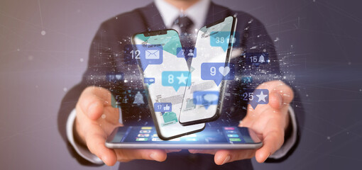 Poster - Businessman holding Social network notifications - 3d rendering