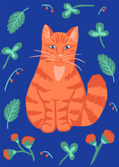 Wall Mural - Red cat with flowers on blue background