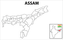 Assam Map. Political And Administrative Map Of Assam With Districts Name. Showing International And State Boundary And District Boundary Of Assam. Vector Illustration Of Districts Map.