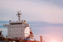 Navigational Equipment On Accommodation Deck And  Bridge Deck, Mast Radio During Oil Tanker Ship Moored Repairing In Shipyard.