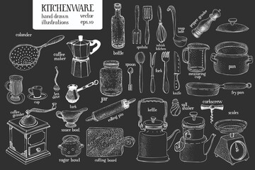 Hand drawn set of different kitchenware. Vector illustrations on chalk board. Kitchen utensils