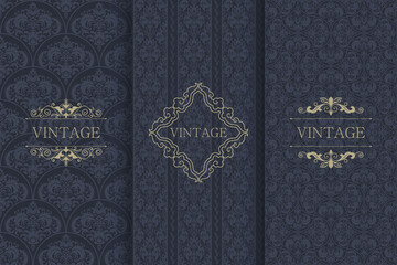 Set of Vintage seamless damask pattern. Template greeting card, invitation and advertising banner, brochure. Collection of design elements, labels, icon, frames for packaging, design of luxury product