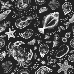 Hand drawn seafood seamless pattern. Vector crabsfishes and oystrers illustrations on chalk board. Vintage marine background