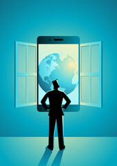 Businessman standing looking through window made of smart phone