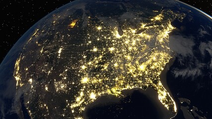 Wall Mural - realistic united states of america from space, night usa from space, east coast of the usa from space 3d render
