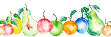 Watercolor Painting, Vintage Seamless Pattern - Tropical Fruits, Citrus, Slices Of Lemon, Orange, Mandarin, Grapefruit.apricot, Peach, Apple, Plum, Cherry Plum. Splash Of Paint Yellow, Red And Orange.