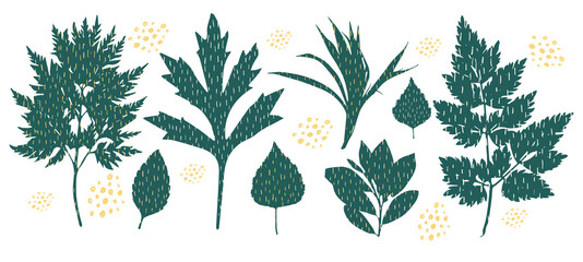 Wall Mural - set of green leaves design elements with cute texture. leaves vector set isolated on white backgroun