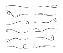 Line Swirl. Calligraphy Element. Vintage Ornate Ornament. Decorative Divider And Scroll. Doodle Swash. Curly Decoration Design. Swirly Graphic Curl. Hand Drawn Calligraphic Set Of Lines. Vector
