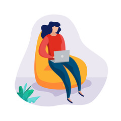 Poster - Woman with computer sitting in bean bag chair in office. Flat cartoon style vector illustration. Vector illustration