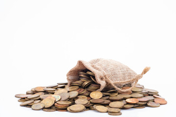 Money bags and coins on white background.Time to invest, time value for money, family planning, money saving, finance saving and investment concept.